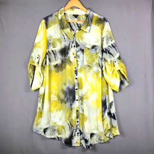 Torrid Sheer Yellow Black Button Up Tunic Top Artsy Boho Edgy Bold Size 3X